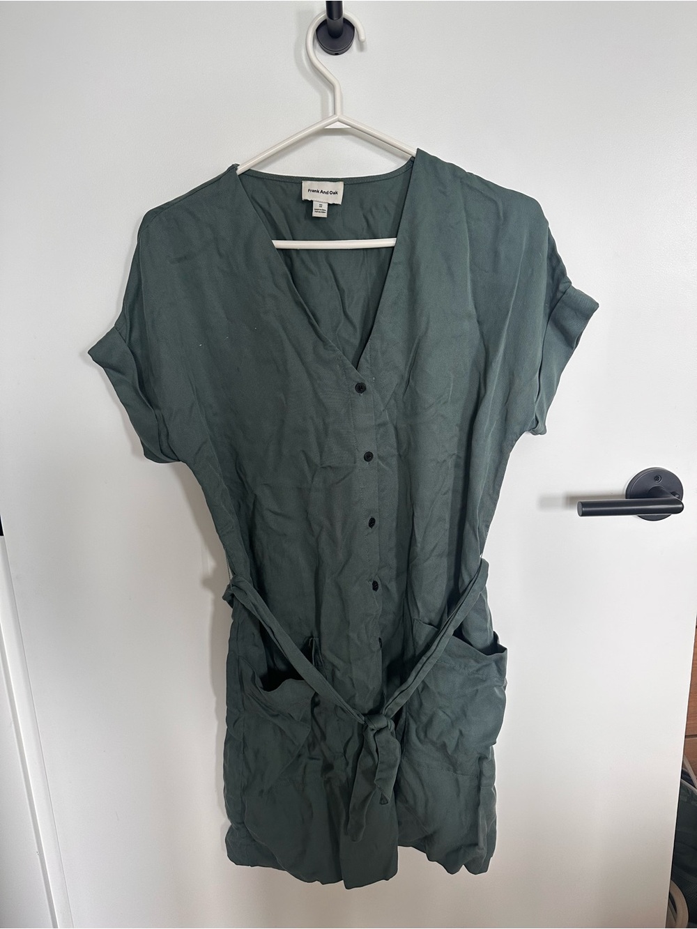 Frank & Oak Olive Green Button-Front Belted Dress
